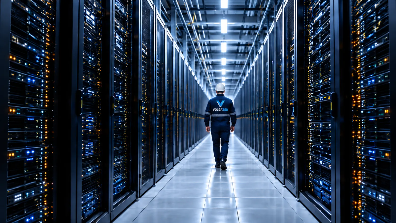 VolgaTek technician in a hard hat walking through a data center aisle